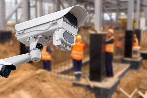 CCTV with Blurring Building construction background. Stock Photos