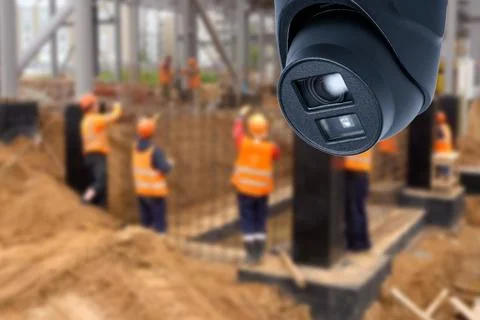 CCTV with Blurring Building construction background. Stock-Fotos