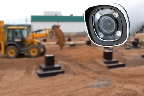CCTV with Blurring Building construction background. Stock Photos