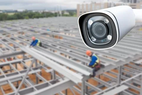 CCTV with Blurring Building construction background. Stock Photos