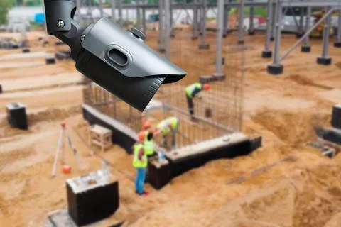CCTV with Blurring Building construction background. Stock Photos
