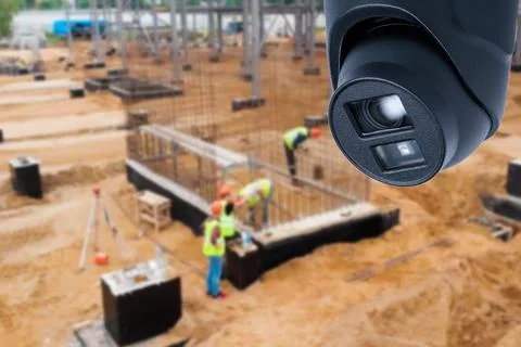 CCTV with Blurring Building construction background. Stock Photos