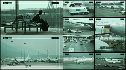 CCTV Camera on the Airport terminal, split screen. Stock Footage