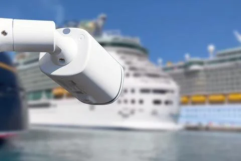 CCTV camera on the background of a cruise ship. Stock Photos