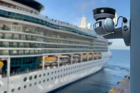 CCTV camera on the background of a cruise ship. Stock Photos