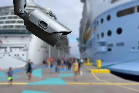 CCTV camera on the background of a cruise ship. Stock Photos