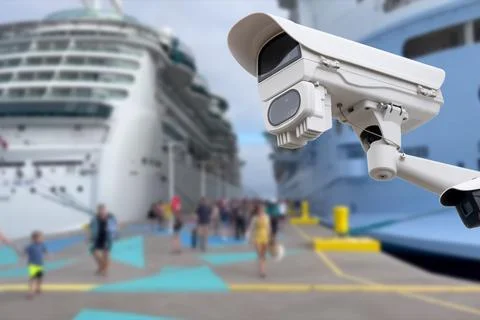 CCTV camera on the background of a cruise ship. Stock Photos