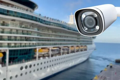 CCTV camera on the background of a cruise ship. Stock Photos