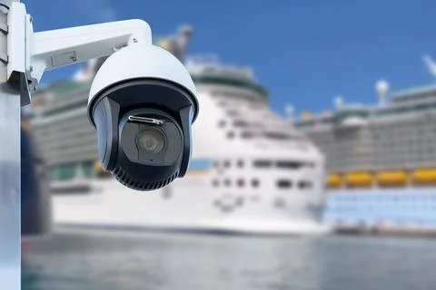 CCTV camera on the background of a cruise ship. Stock Photos