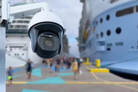 CCTV camera on the background of a cruise ship. Stock Photos