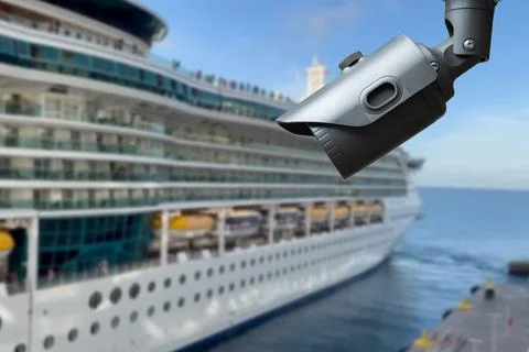 CCTV camera on the background of a cruise ship. Stock Photos