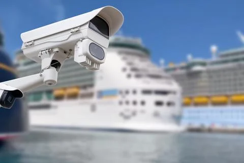 CCTV camera on the background of a cruise ship. Stock Photos