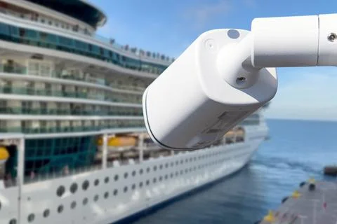 CCTV camera on the background of a cruise ship. Stock Photos