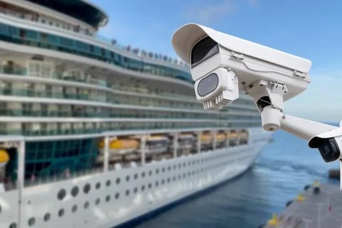 CCTV camera on the background of a cruise ship. Stock Photos