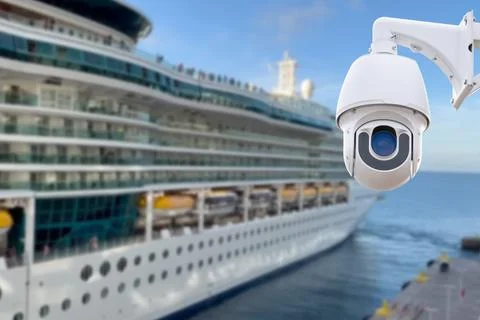 CCTV camera on the background of a cruise ship. Stock Photos