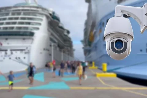 CCTV camera on the background of a cruise ship. Stock Photos
