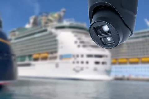 CCTV camera on the background of a cruise ship. Stock Photos