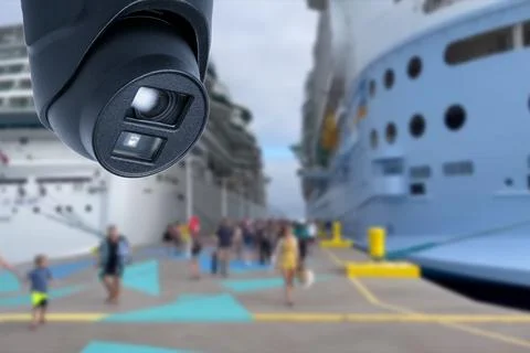 CCTV camera on the background of a cruise ship. Stock Photos