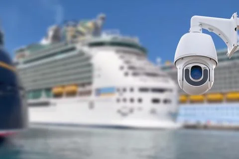 CCTV camera on the background of a cruise ship. Stock Photos