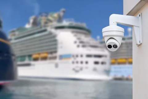 CCTV camera on the background of a cruise ship. Stock Photos