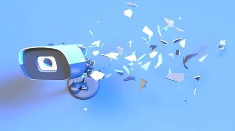 Cctv camera in blue neon light falling into small parts Stock Illustration