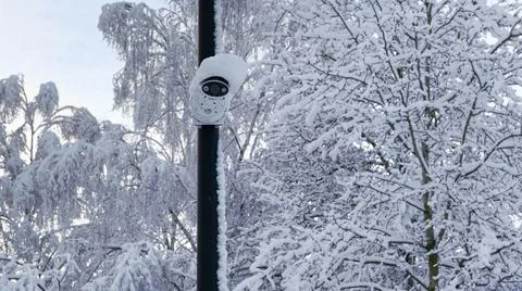 CCTV Camera Covered with Snow Close-up from Front Stock Photos