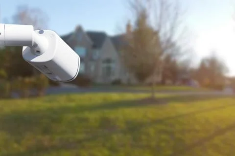 CCTV Camera with house in background. Close-up. Stock Photos