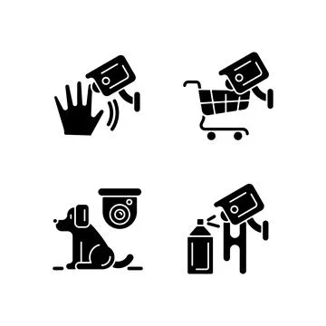 CCTV camera installation black glyph icons set on white space Illustrazione stock