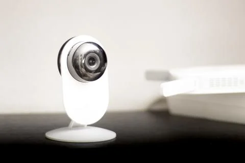 CCTV camera lens, security camera on a white background in a room on furnitur Stock Photos