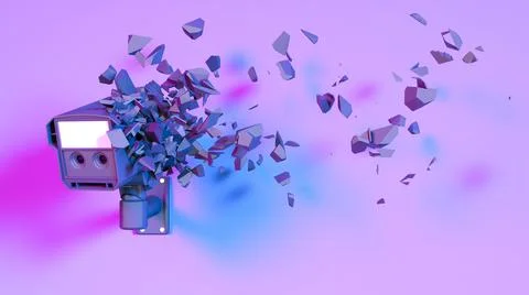Cctv camera in neon purple light falls into pieces Stock Illustration