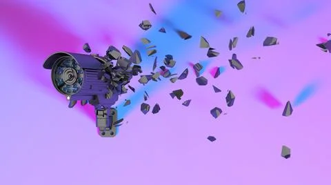 Cctv camera in neon purple light falls into pieces Stock Illustration