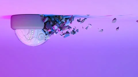 Cctv camera in neon purple light falls into pieces Stock Illustration