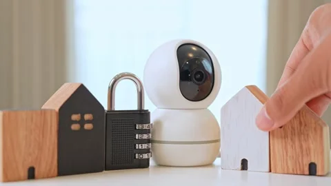 A CCTV camera operates beside a combination padlock. Video stock 317599885