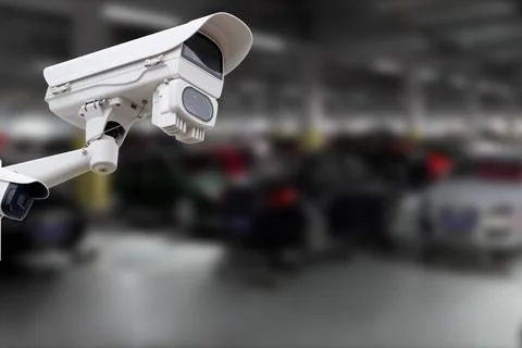 CCTV Camera Operating in car park building. Copy space. Fotos de archivo