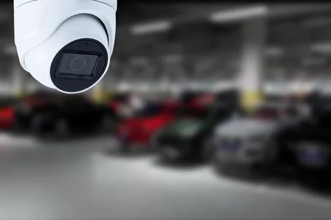 CCTV Camera Operating in car park building. Copy space. Stock Photos