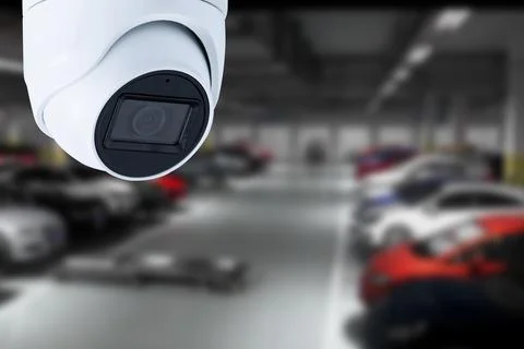 CCTV Camera Operating in car park building. Copy space. Stock Photos
