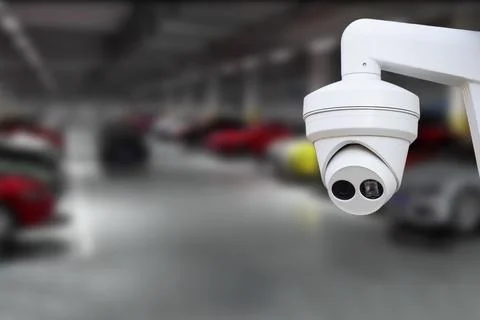 CCTV Camera Operating in car park building. Copy space. Stock Photos