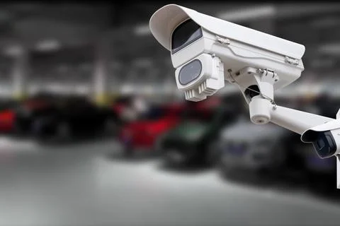 CCTV Camera Operating in car park building. Copy space. Stock Photos