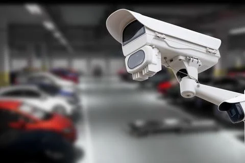CCTV Camera Operating in car park building. Copy space. Stock Photos