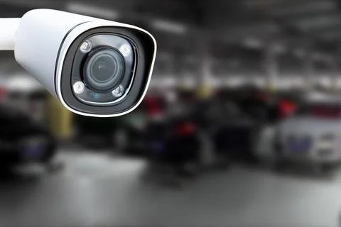 CCTV Camera Operating in car park building. Copy space. Stock Photos
