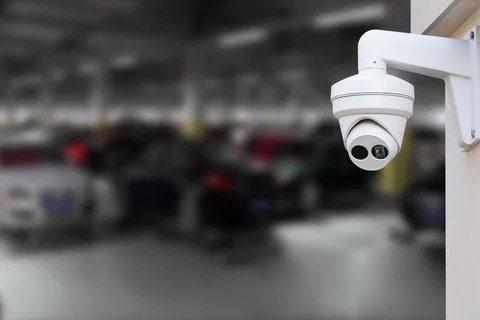 CCTV Camera Operating in car park building. Copy space. Stock Photos