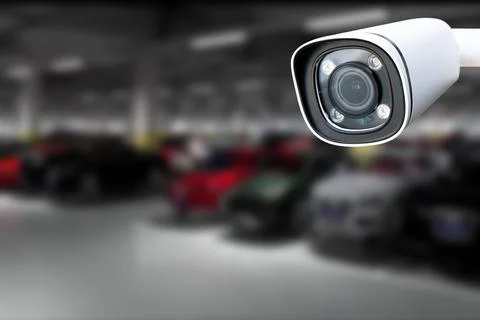 CCTV Camera Operating in car park building. Copy space. Stock Photos