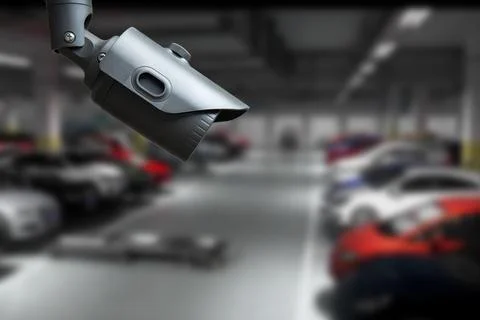 CCTV Camera Operating in car park building. Copy space. Fotos de archivo