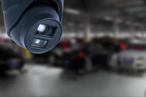 CCTV Camera Operating in car park building. Copy space. Stock Photos