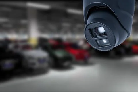 CCTV Camera Operating in car park building. Copy space. Stock Photos