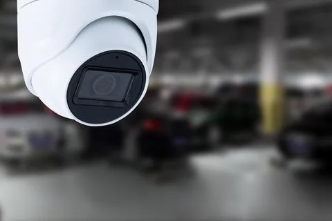CCTV Camera Operating in car park building. Copy space. Stock Photos