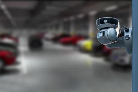 CCTV Camera Operating in car park building. Copy space. Stock Photos