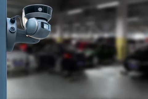 CCTV Camera Operating in car park building. Copy space. Stock Photos