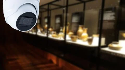 CCTV Camera Operating inside an art gallery or museum. Stock Photos
