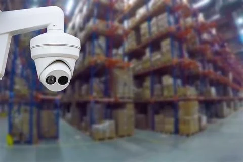 CCTV Camera Operating inside warehouse or factory. Copy space. Stock Photos